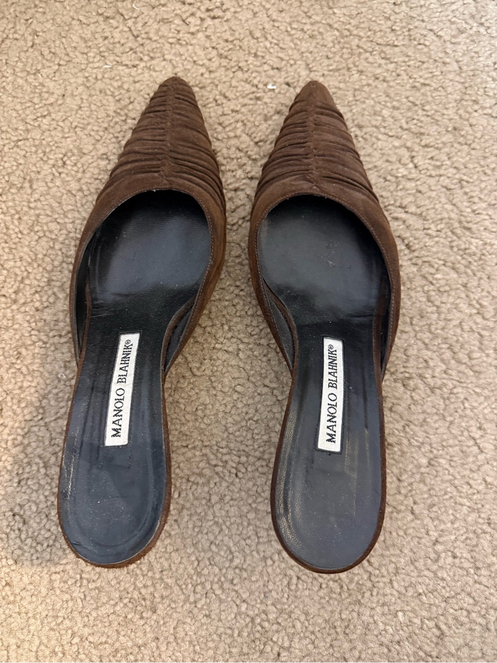 Manolo Blahnik Brown Suede Pointed Ruched Mules